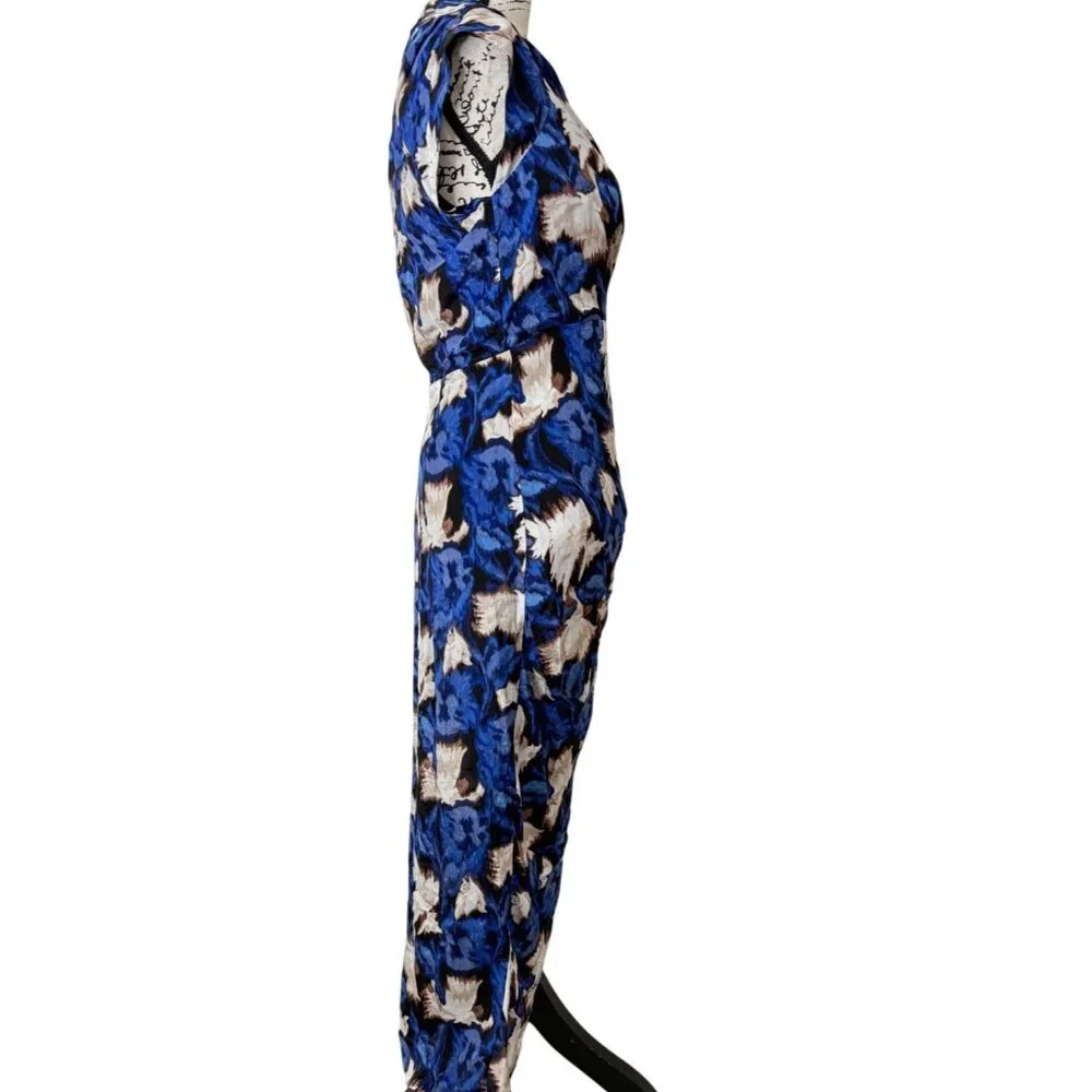 White House Black Market Womens Size 4 Draped Midi Wrap Dress Blue & Beige - Picture 2 of 8